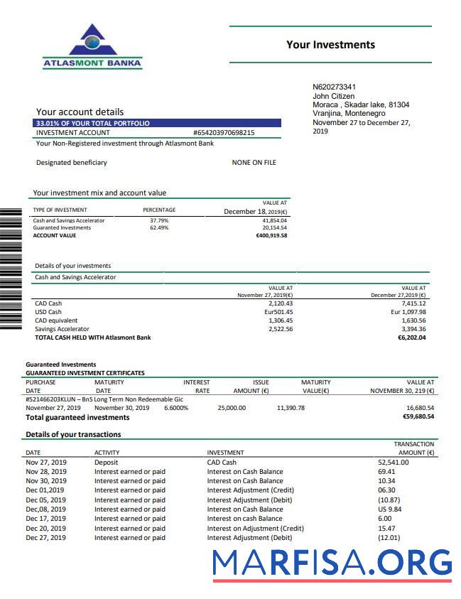 Blank Montenegro Atlasmont bank statement word sample